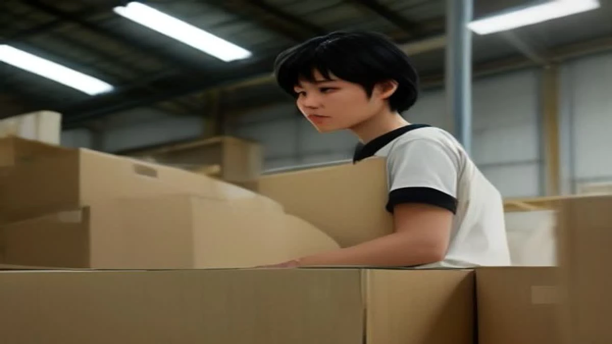 over-the-shoulder view of a courier scanning a parcel at a bright logistics counter (illustrative image)